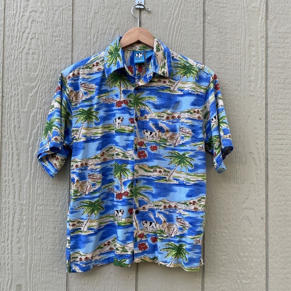 Vintage Little Big Dogs Shirt Youth Size 16/18  Blue Button Up Hawaiian Beach